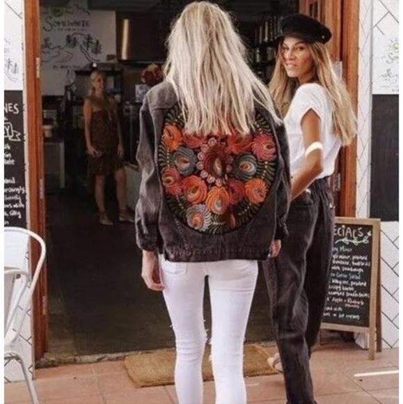 Black Denim Floral Embroidered Oversized Jacket - Picture 13 of 15